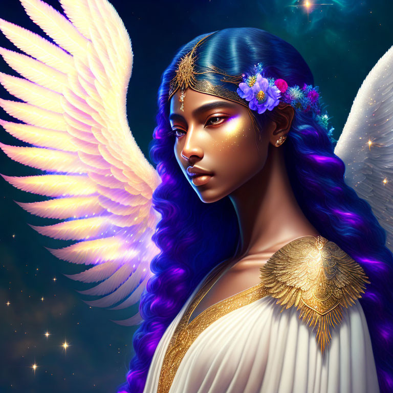 Digital artwork: Ethereal woman with purple hair, gold accessories, flower details, and colorful angel wings