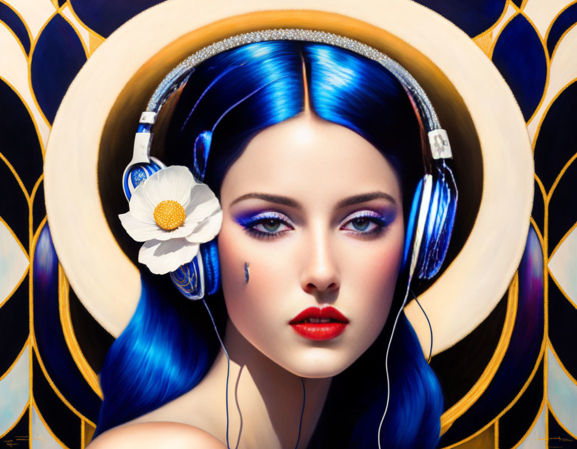 Vibrant blue hair woman with headphones and white flower on golden circle