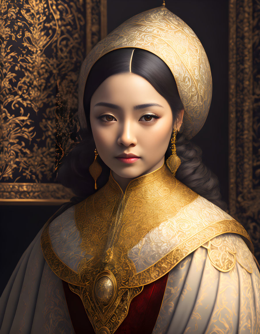 Regal woman in golden attire and ornate cloak against intricate backdrop