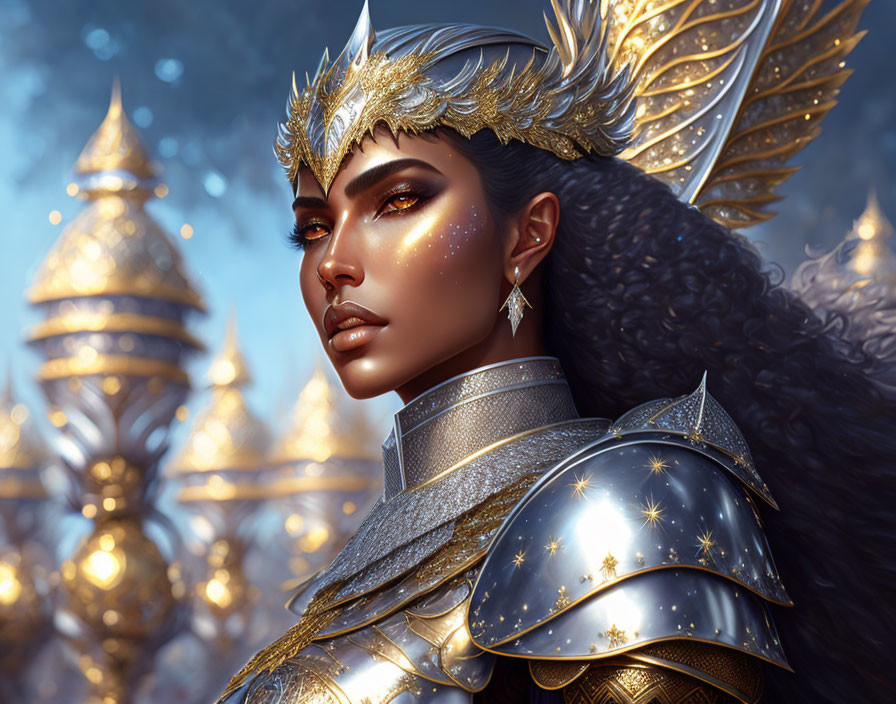 Regal figure in golden crown and star-patterned armor before fantasy palace