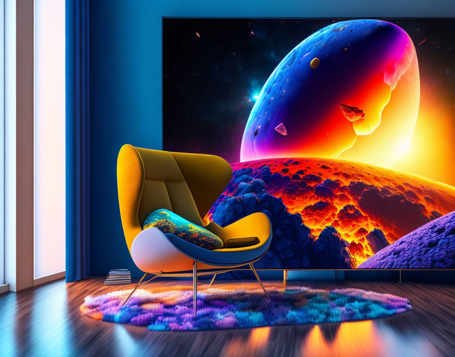 Modern chair and rug in vibrant room with cosmic wall mural