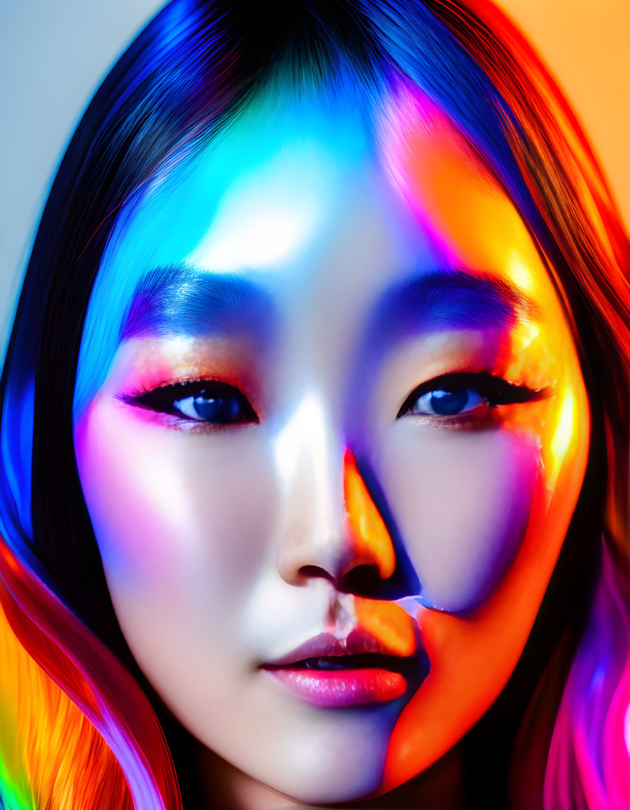 Vibrant rainbow colors illuminate woman's face closely.