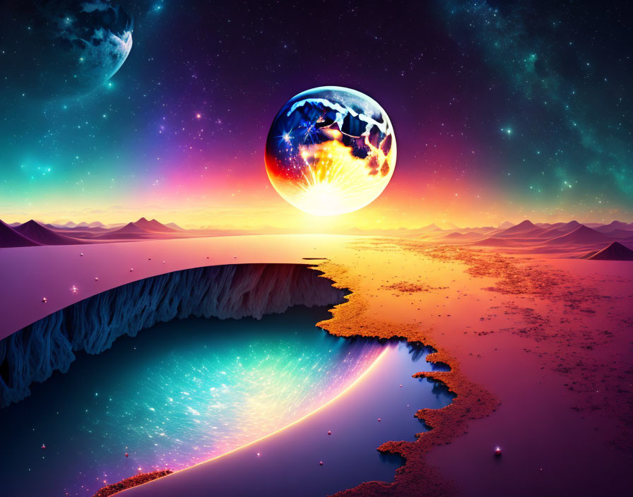 Vibrant surreal landscape: floating sphere, cliff, starry sky, glowing river