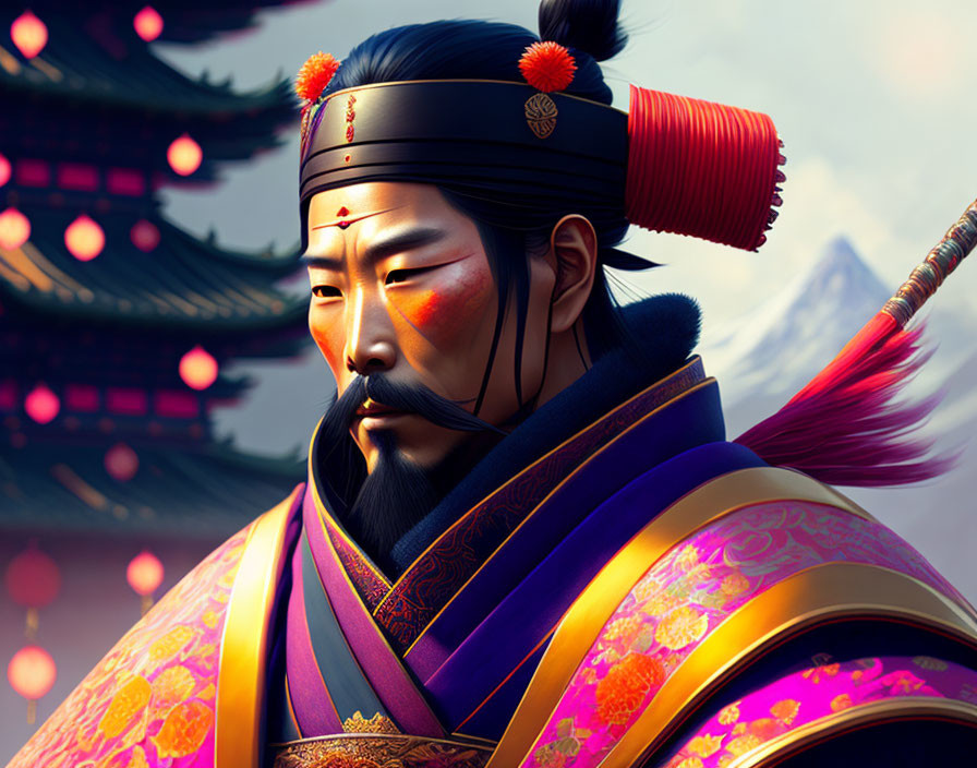 Regal bearded figure in East Asian attire with mountain backdrop