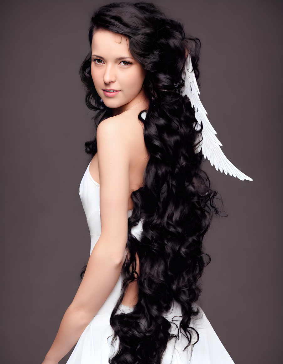 Dark Haired Woman with White Feathered Wing Accessory on Gray Background