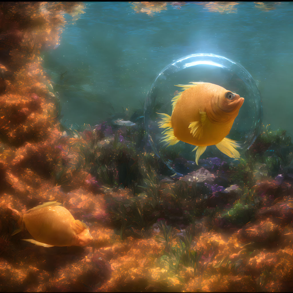 Golden fish in transparent bubble with underwater flora in dreamy aquatic scene