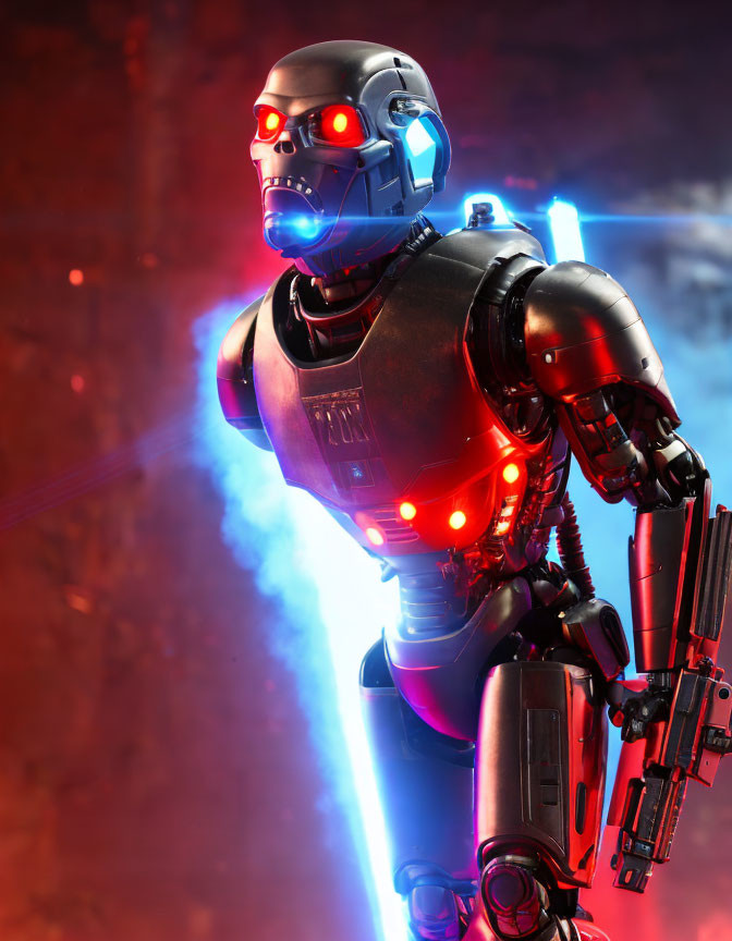 Futuristic robot with glowing red eyes and weapon arm in fiery backdrop