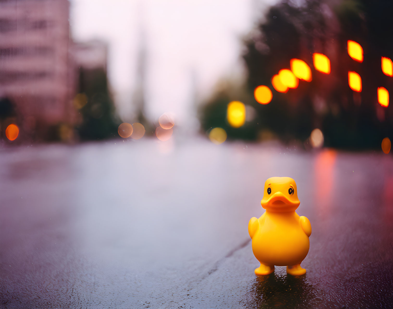 Yellow Rubber Duck on Wet Roadway with City Lights in Background