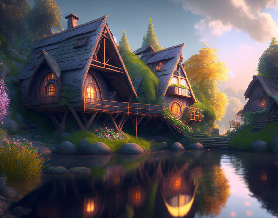 Whimsical wooden houses by calm river at sunset