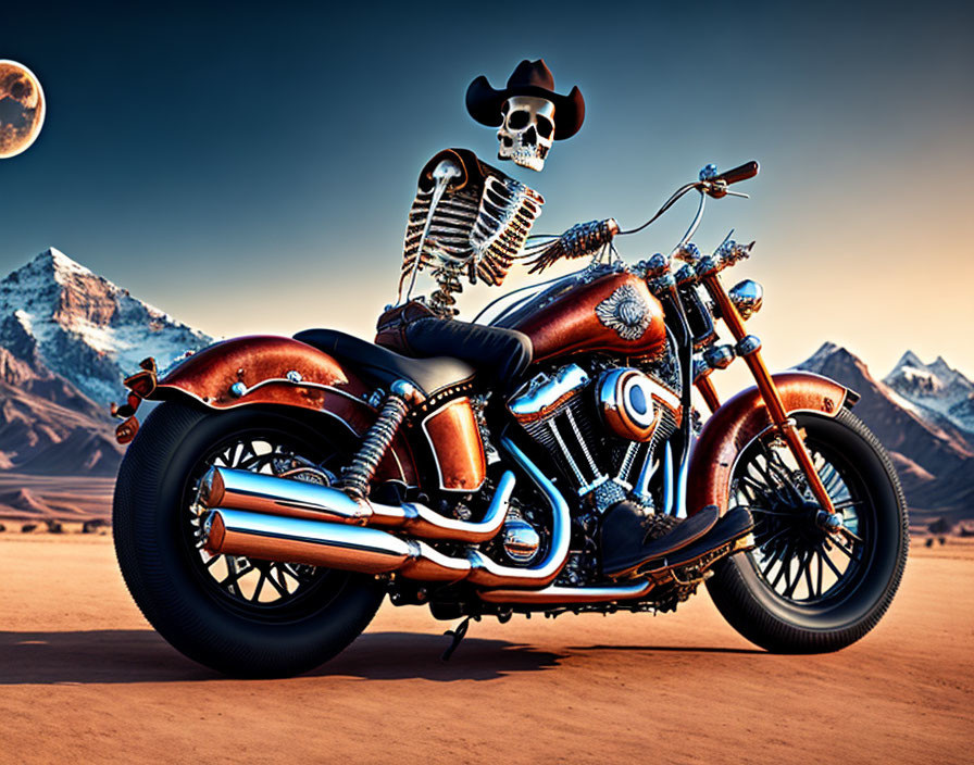 Skeleton in Cowboy Hat on Cruiser Motorcycle in Desert with Mountains & Two Moons