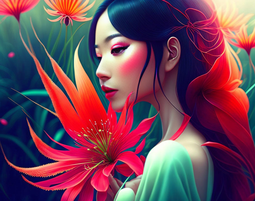 Vibrant digital artwork featuring woman with red flowers in hair