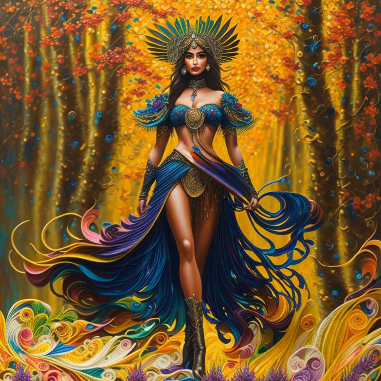 Vivid Fantasy Artwork of Woman in Golden Headdress and Ornate Costume