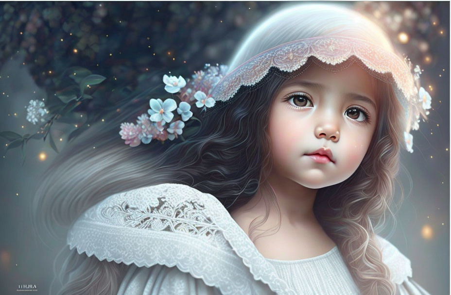 Young girl in lace dress with floral headpiece in digital painting