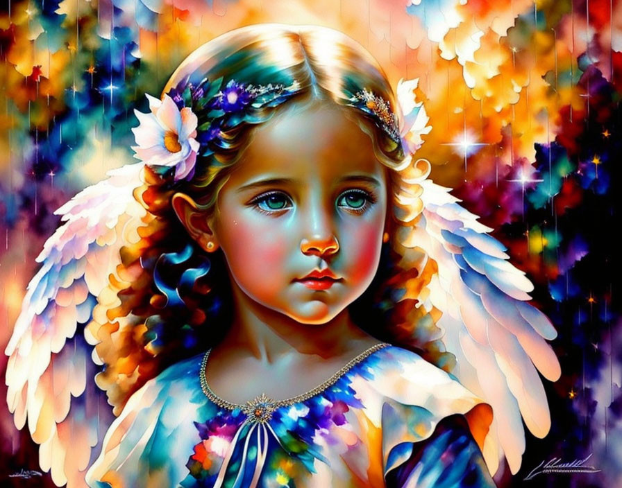 Colorful young angel illustration with blue eyes and floral headpiece in celestial setting