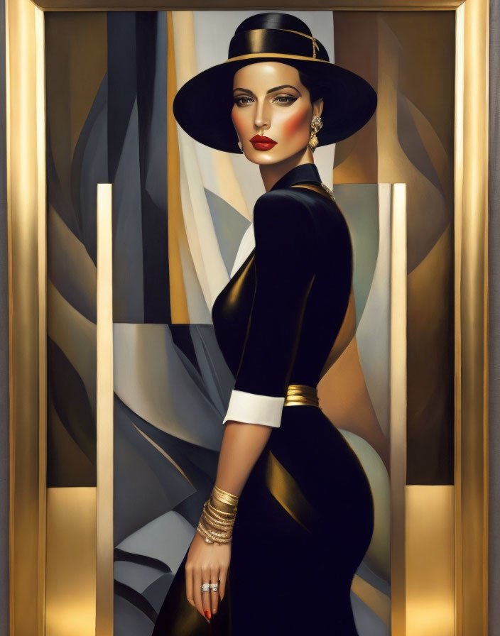 Stylish woman in black dress and hat against golden geometric backdrop