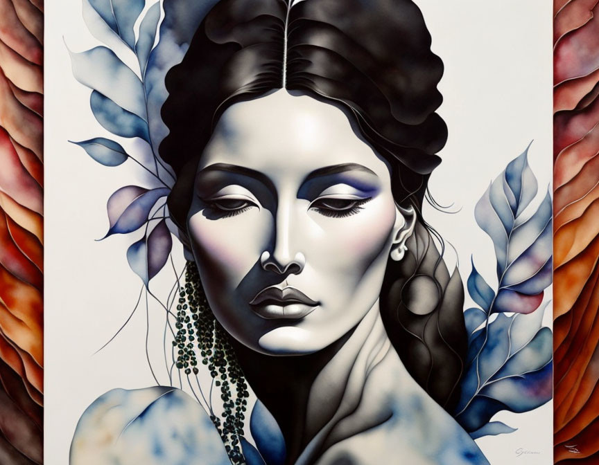 Vibrant painting of a serene woman with closed eyes and leaf-like patterns in blue hues