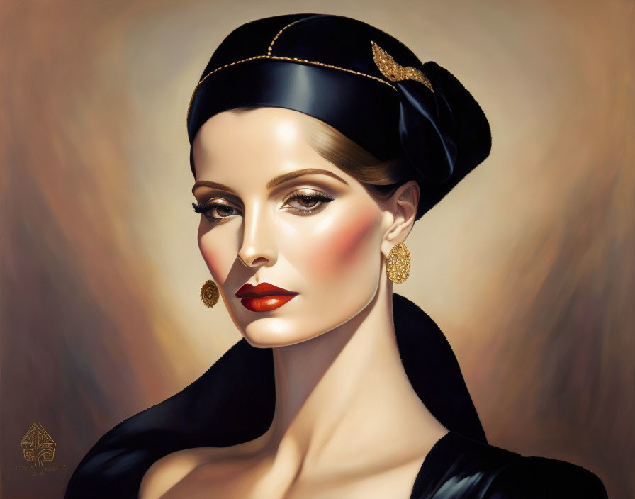 Vintage-inspired woman illustration with black headband, gold earrings, and red lipstick