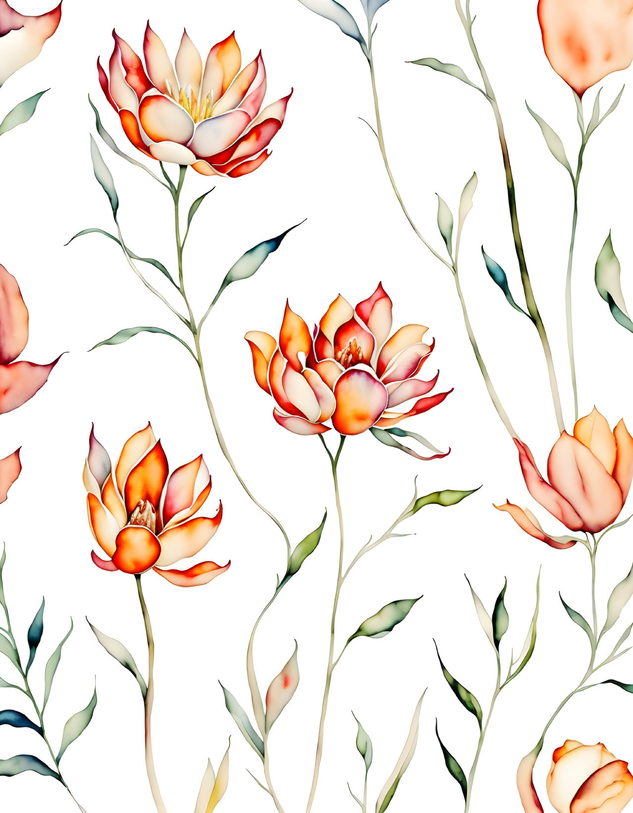 Colorful Watercolor Floral Pattern on White Background