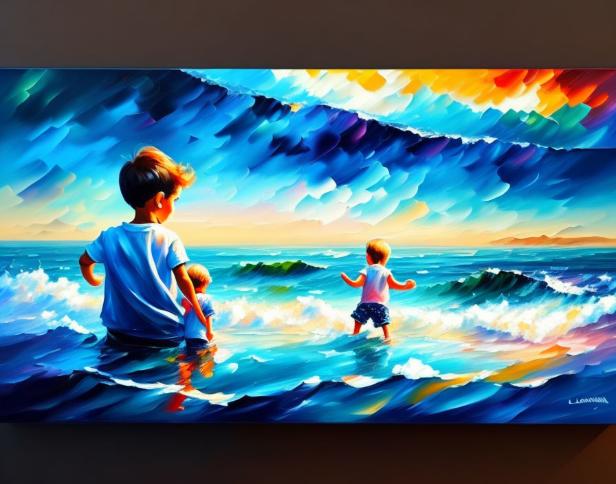 Colorful painting of children playing in sea waves under vibrant sky