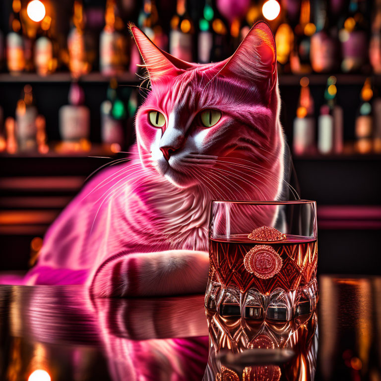 Pink striped cat with green eyes at bar with whiskey glass and bottles.