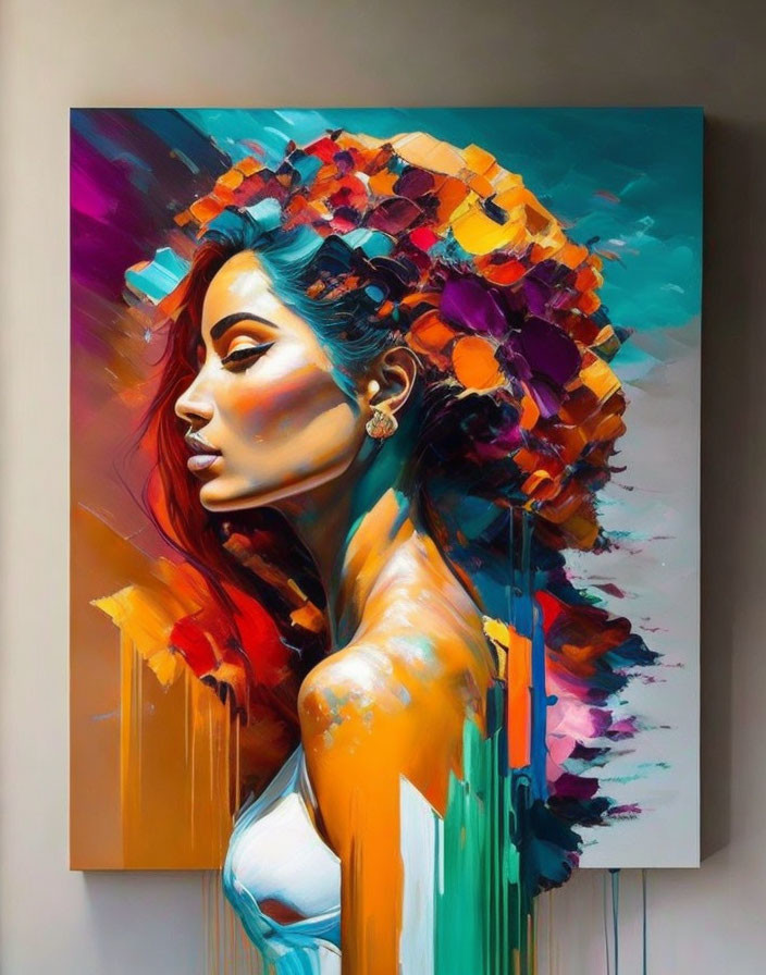 Vibrant abstract painting of woman with flowers in hair