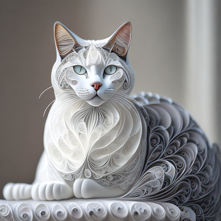 Detailed Paper Art Sculpture of Cat with Intricate Patterns