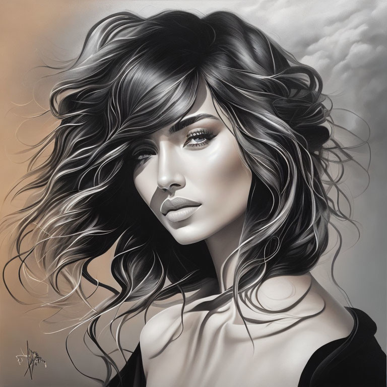 Monochrome portrait of woman with wavy hair against cloudy background