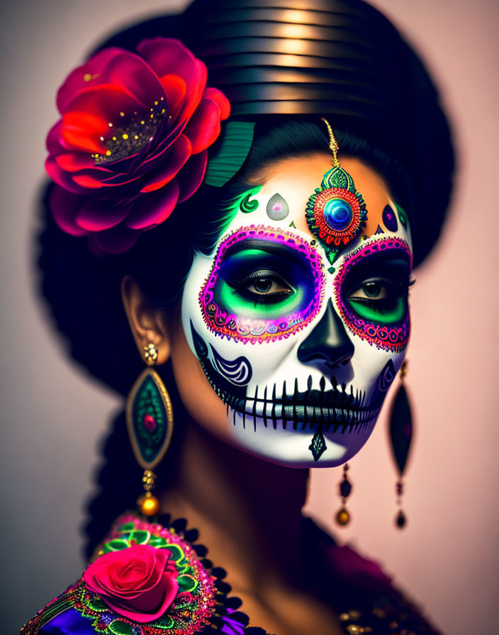 Person with Colorful Skull Makeup and Red Flower in Hair, Dia de los Muertos Theme