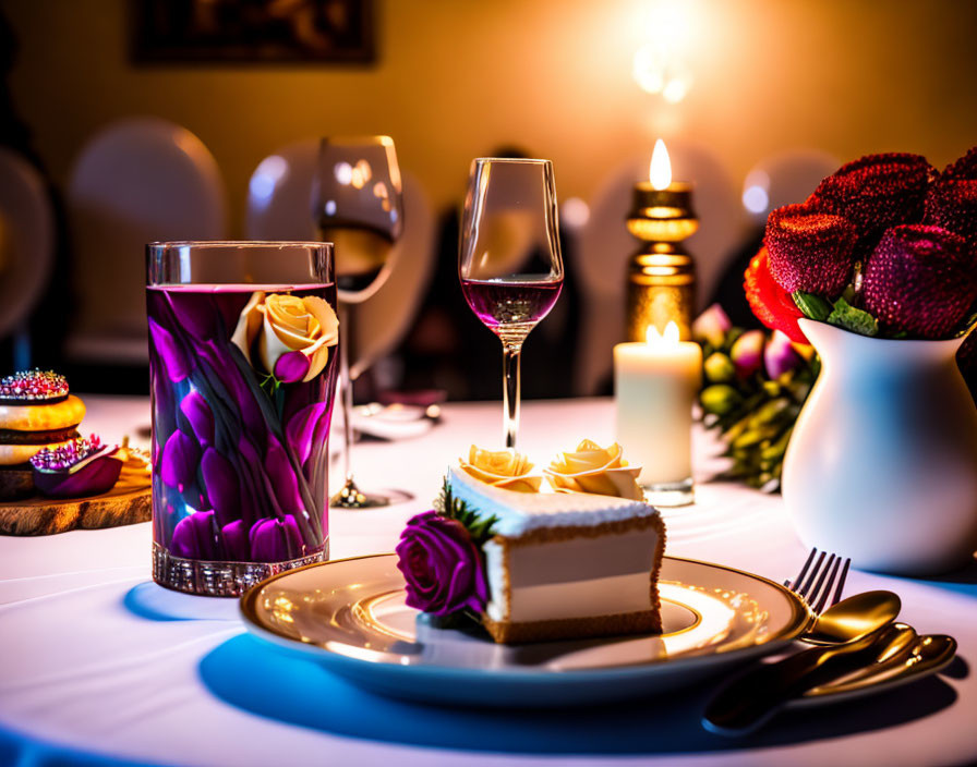 Sophisticated dining table with candles, cake, floral glass, wineglass, and red flowers