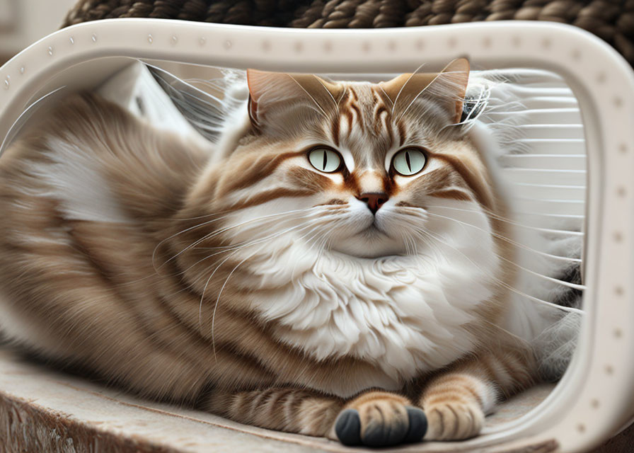 Fluffy Brown and White Cat with Green Eyes in White Basket