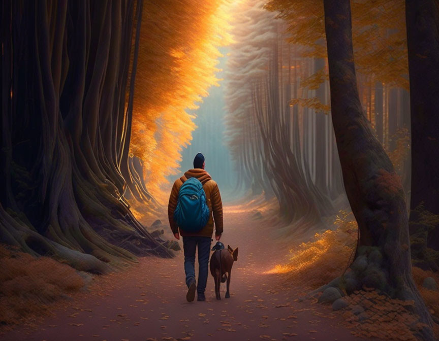 Person walking dog in mystical forest with sunlight and fog.