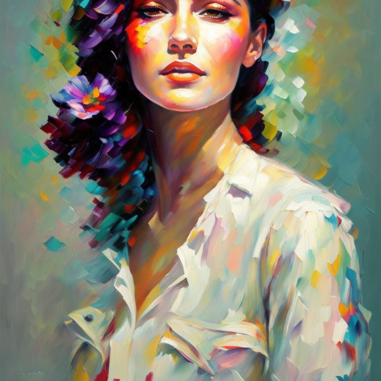 Vibrant impressionistic painting of woman with flower in hair