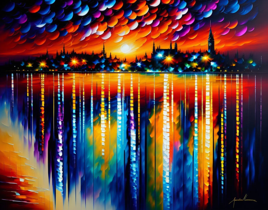 Colorful Sunset Painting Over Cityscape with Water Reflections