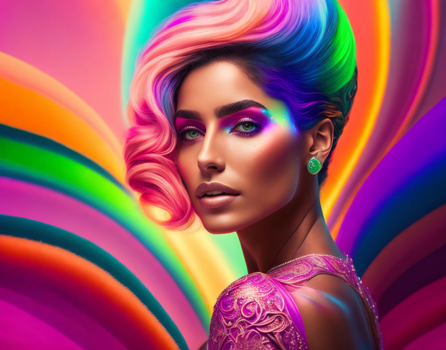 Colorful Woman with Rainbow Hair and Neon Background in Sparkling Earring