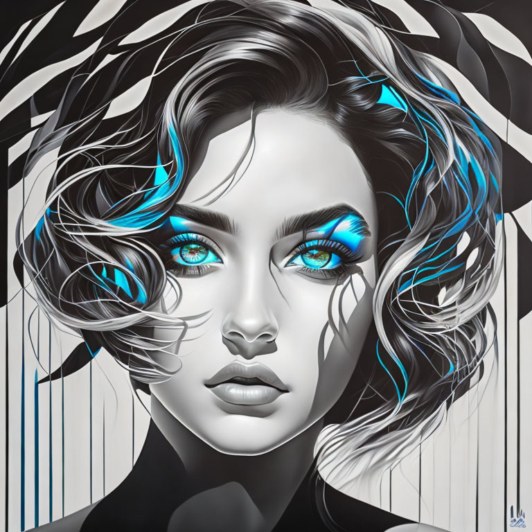 Stylized portrait of woman with blue eyes and hair highlights