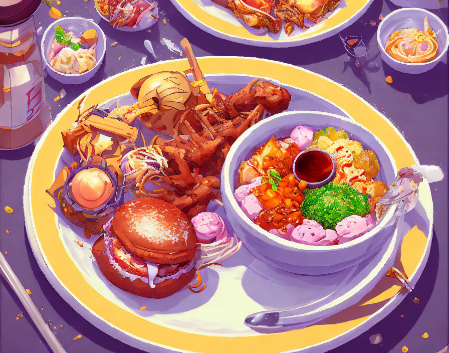 Vibrant feast illustration with ramen, burgers, skewers, and sides