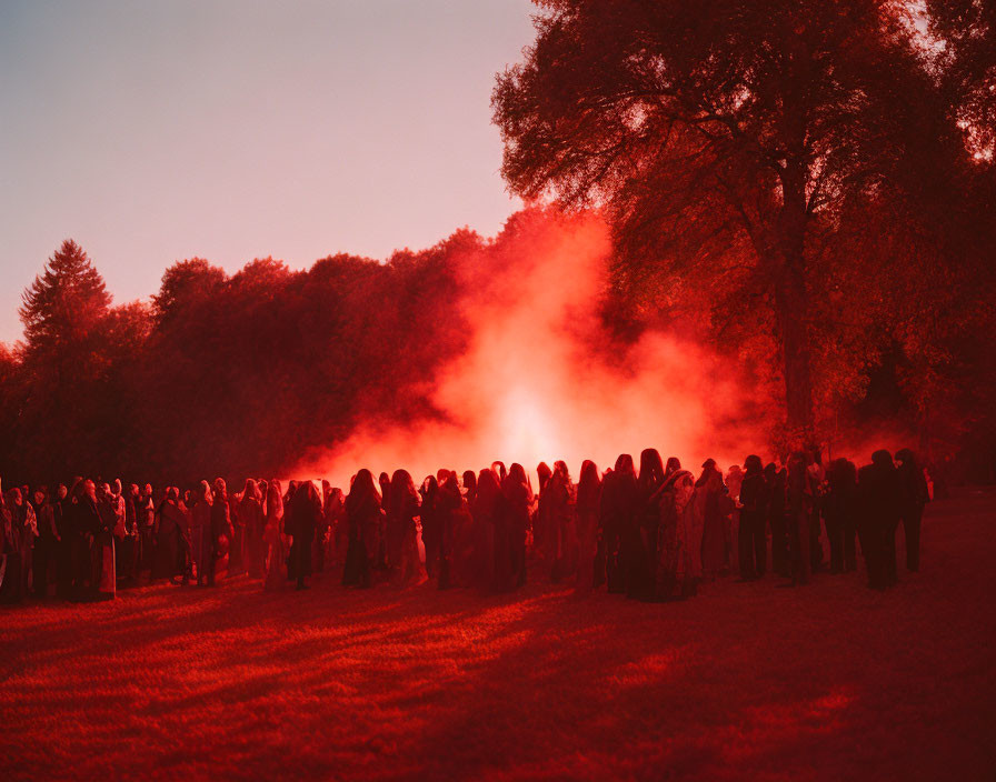 Crowd in Red-Hued Field with Trees