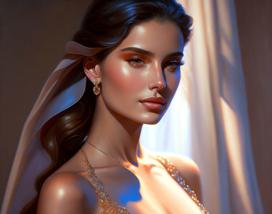 Stylized portrait of woman with bridal veil and elegant jewelry