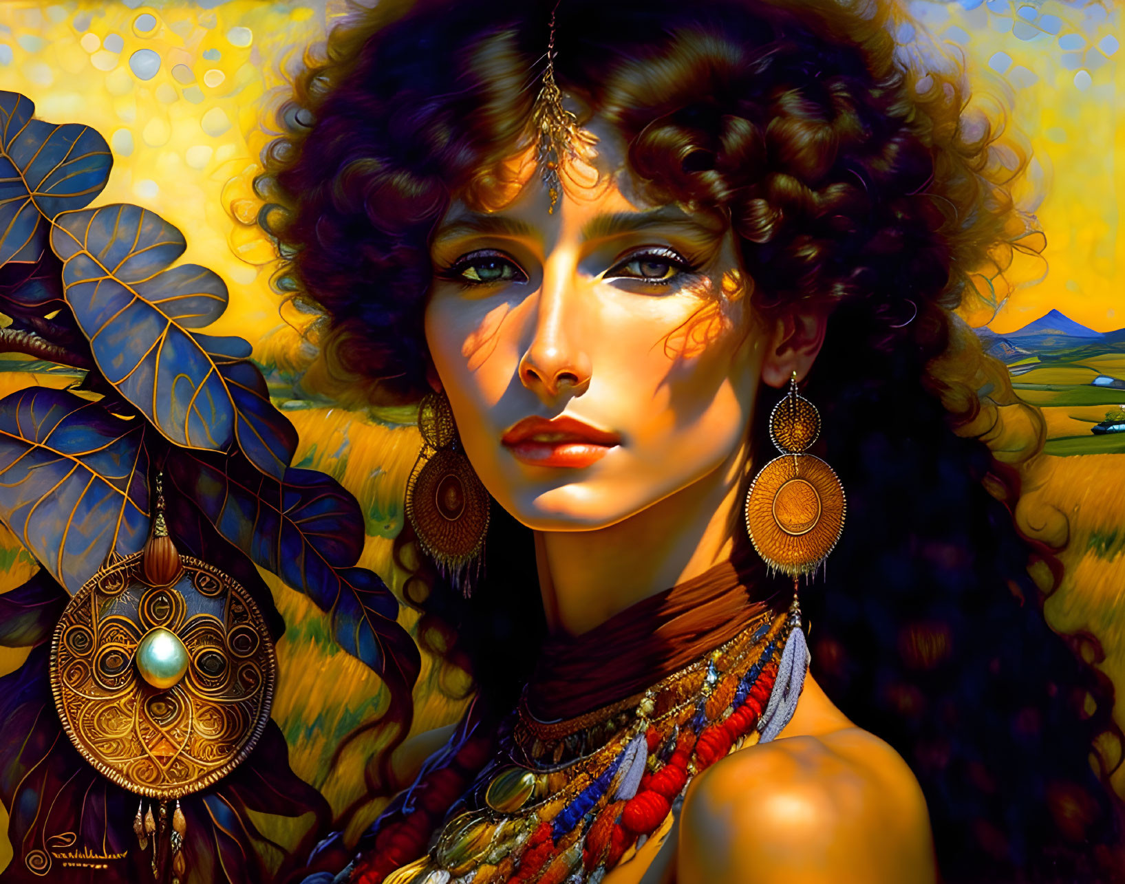 Digital artwork: Woman with voluminous curly hair and elaborate jewelry against golden rural background