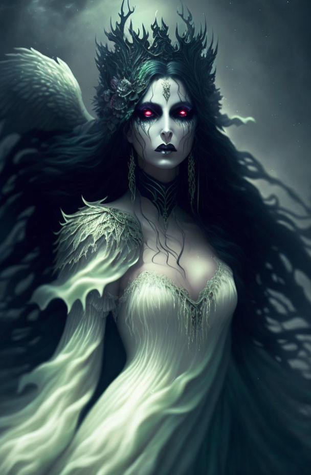 Gothic fantasy art: Woman with pale skin, red eyes, feathered crown, white dress