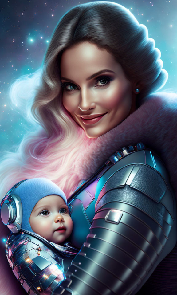 Digital artwork of smiling woman with baby in futuristic space theme