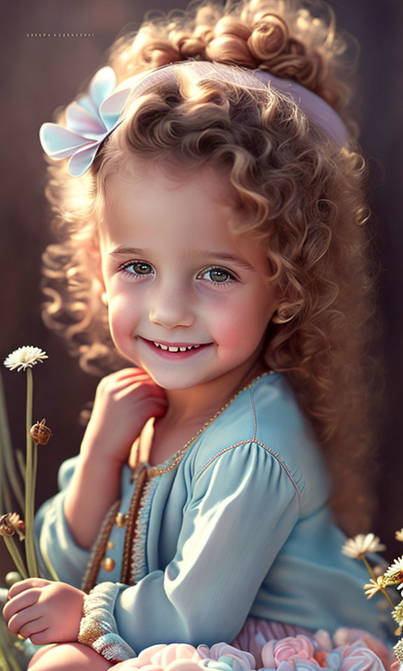 Young girl with curly hair in blue dress smiling among daisies