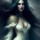 Gothic fantasy art: Woman with pale skin, red eyes, feathered crown, white dress