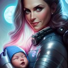 Digital artwork of smiling woman with baby in futuristic space theme