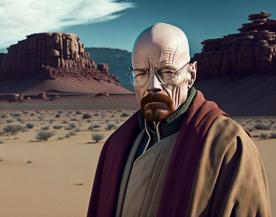 Bald man with goatee in desert landscape wearing glasses and brown jacket