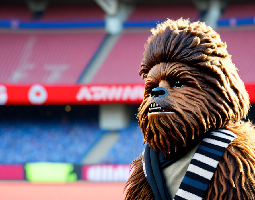 Person in Chewbacca costume with striped scarf at stadium