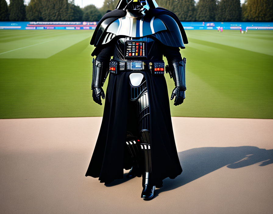 Detailed Darth Vader Costume on Grass Field with Blue Sky