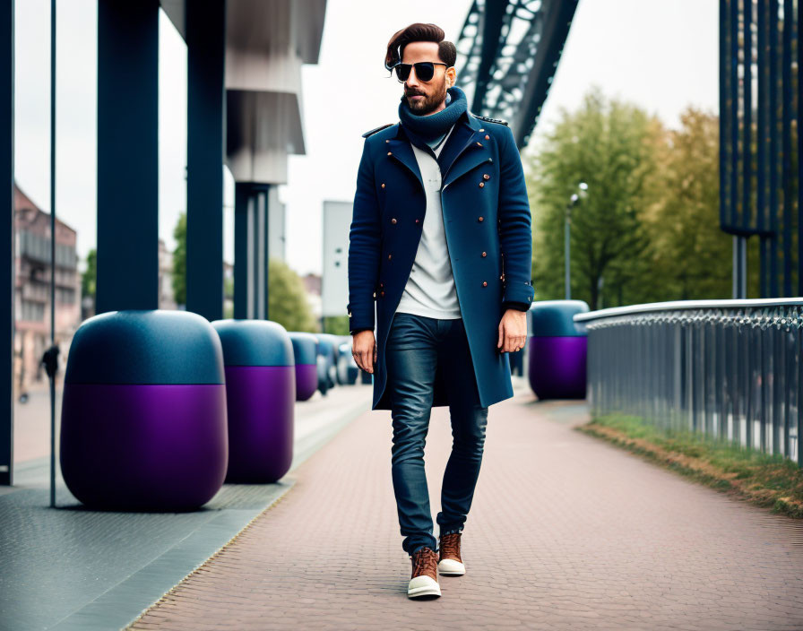 Confident man in navy peacoat and sunglasses on city sidewalk