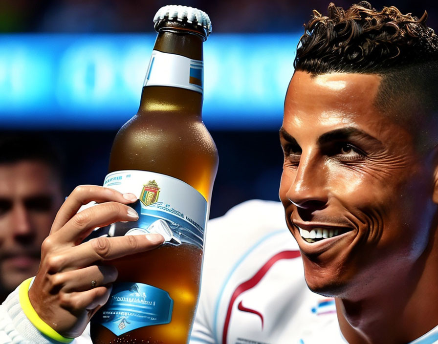 Person smiling with large beer bottle at football match