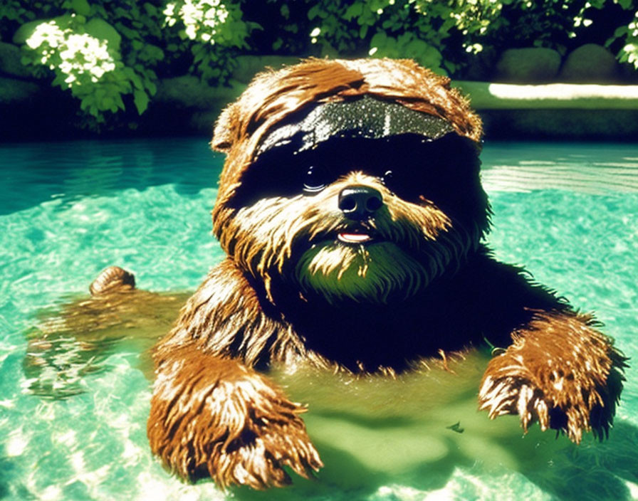 Person in Chewbacca costume swimming in clear water